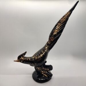 Vintage MCM ceramic studio art Roadrunner Pheasant Black & Gold bird